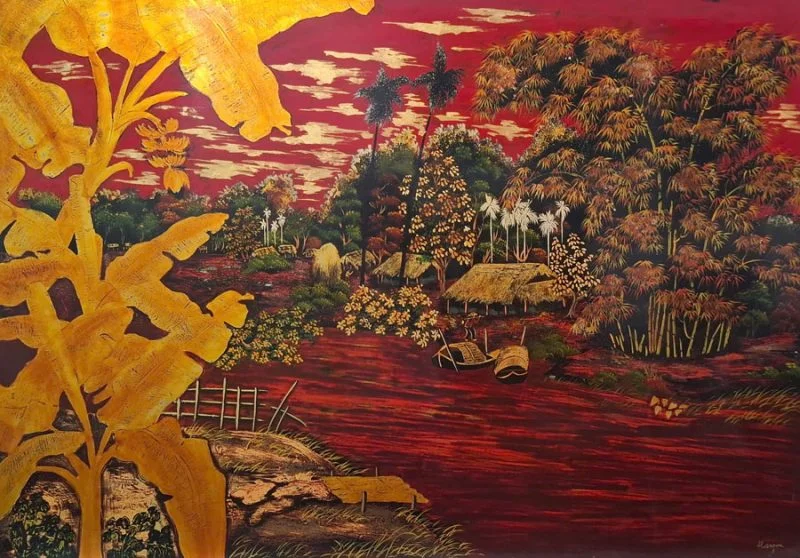 Tranh sơn mài phong cảnh Làng Vên Sông, 80x120 cm