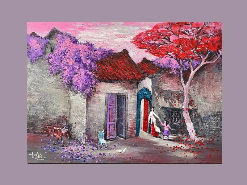 Tranh phong cảnh Phố Cũ, acrylic 100x73 cm
