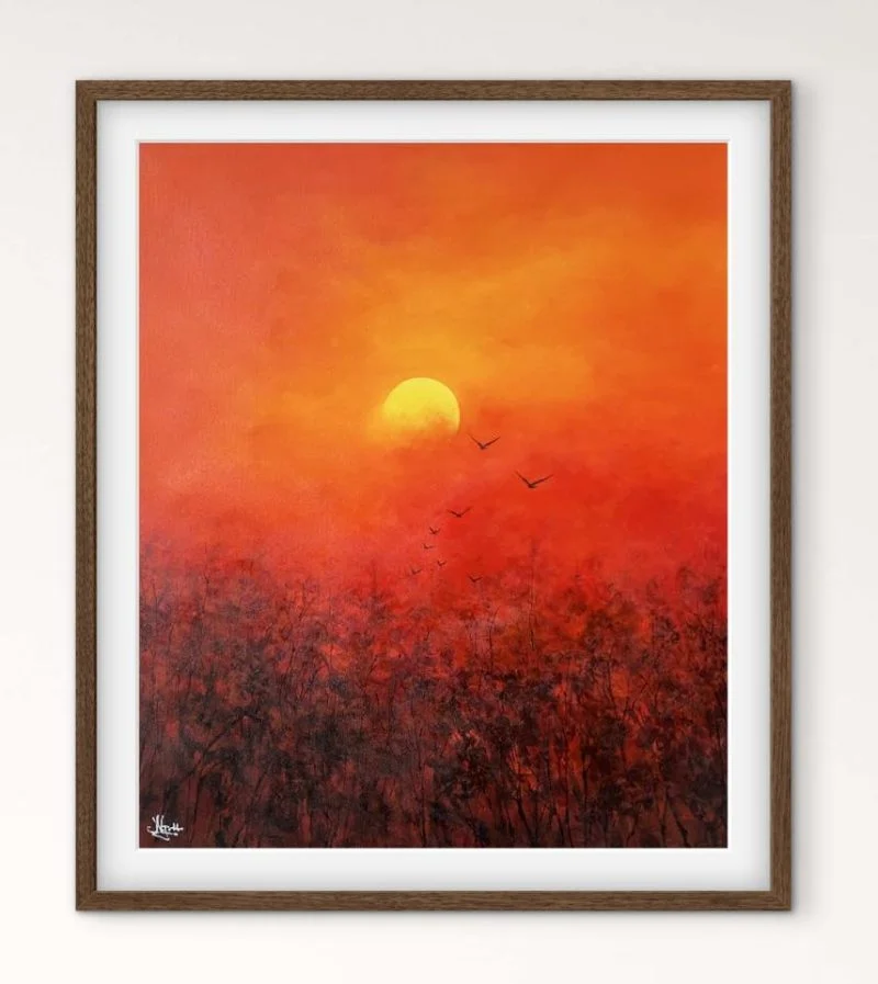 Tranh phong cảnh Hoàng Hôn Đỏ, acrylic 60x50 cm