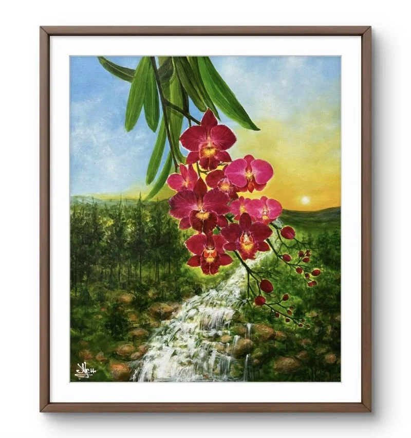 Tranh phong cảnh Suối Reo, acrylic 60x50 cm