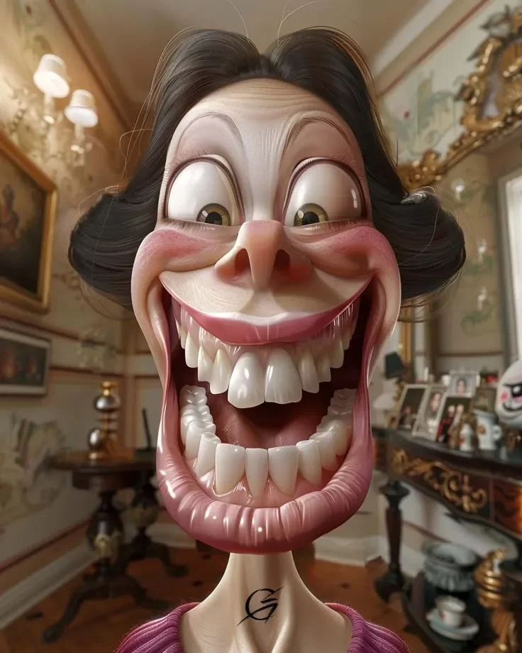 distorted face meme with big teeth grinning