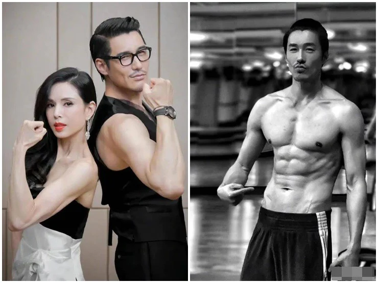 Ảnh ghép hai khung: cặp đôi tư thế và nam thể hình khỏe khắn trong gym.