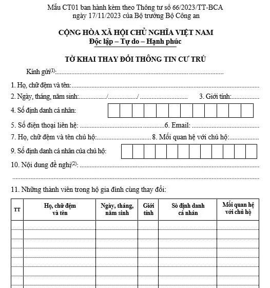 Hình ảnh mẫu tờ khai thay đổi thông tin cư trú chuẩn xác phục vụ thủ tục hành chính.