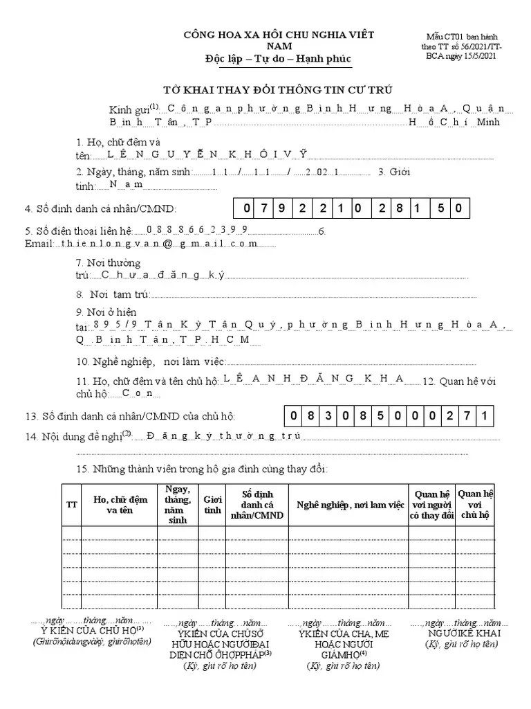 To Khai Thay Doi Thong Tin Cu Tru | PDF