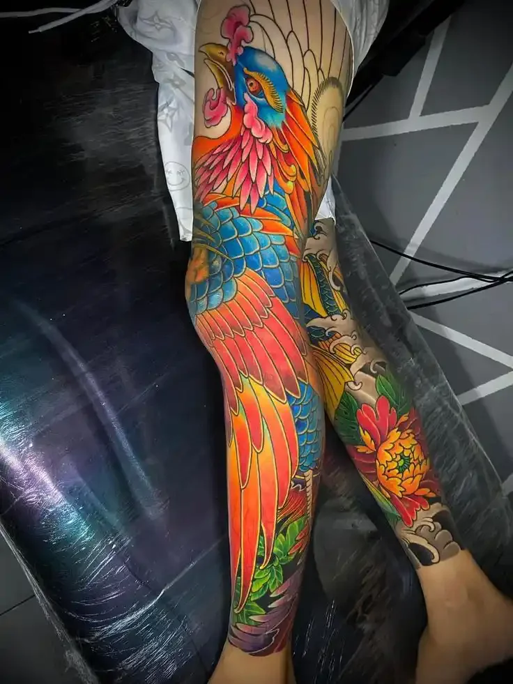 hình xăm phượng hoàng lửa full chân