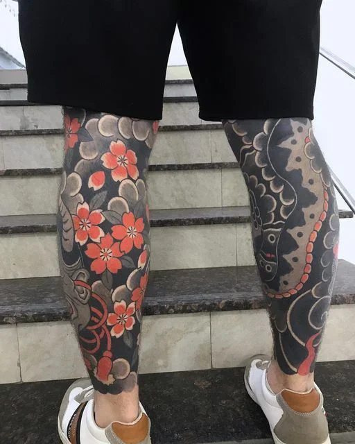 hình xăm hoa văn nhật cổ full chân
