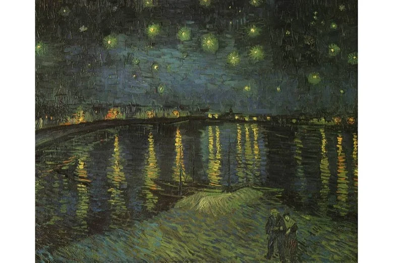 Tranh sơn dầu phong cảnh đêm đầy sao Van Gogh với ánh sao vàng lấp lánh trên bầu trời xanh