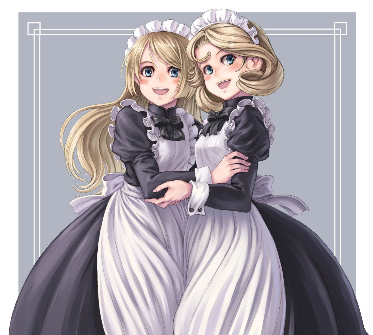 Ảnh dễ thương về hai cô gái anime tóc vàng mặc váy hầu gái Victorian và khoác tay nhau