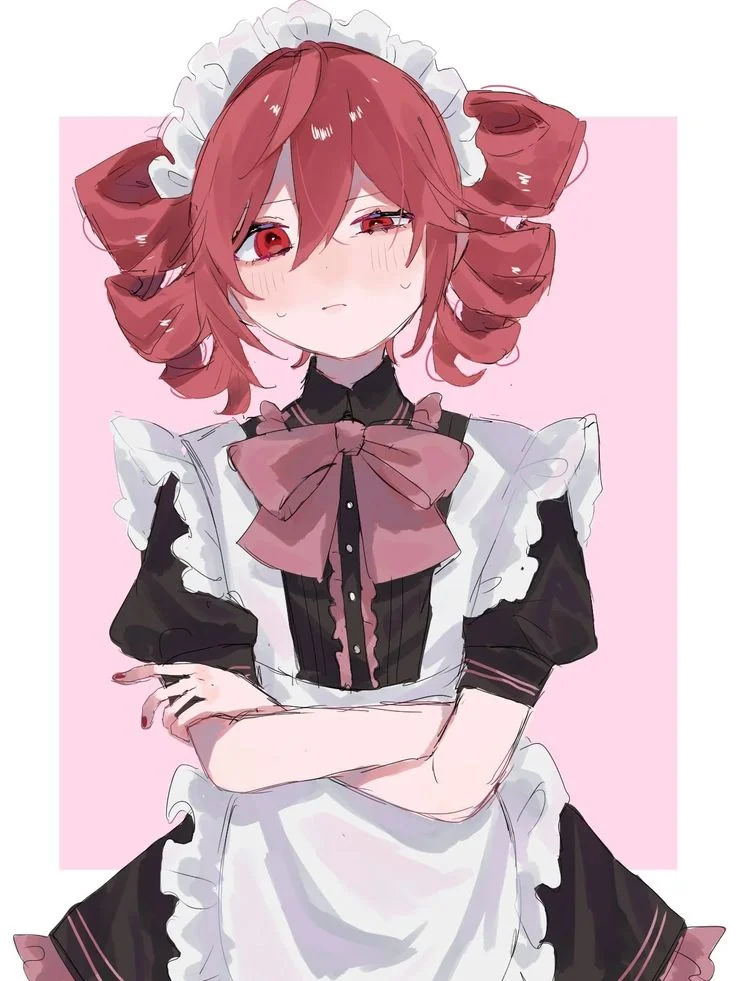 Ảnh dễ thương cô gái anime tóc đỏ mặc váy hầu gái ren trắng trên nền hồng pastel