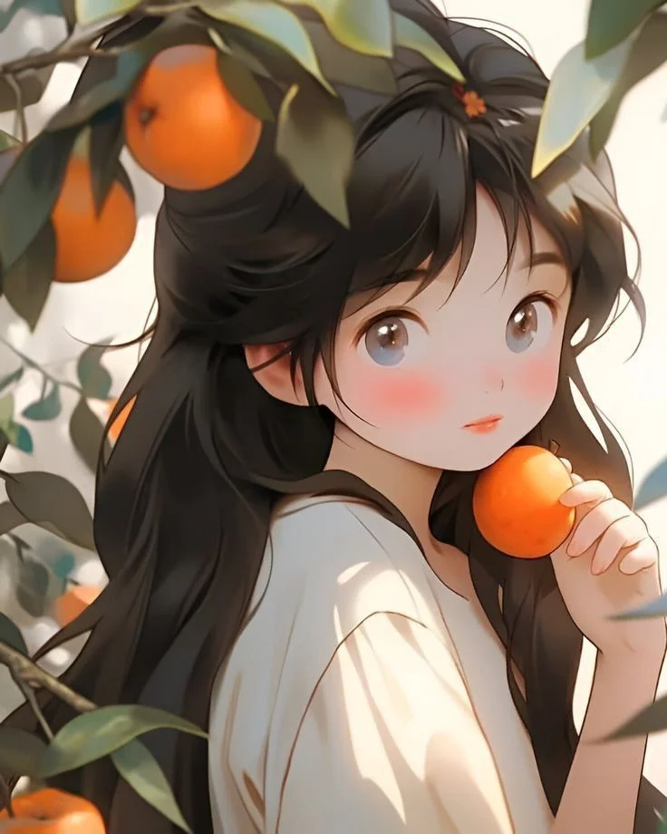 Cô gái anime dễ thương thưởng thức quả cam giữa khu vườn