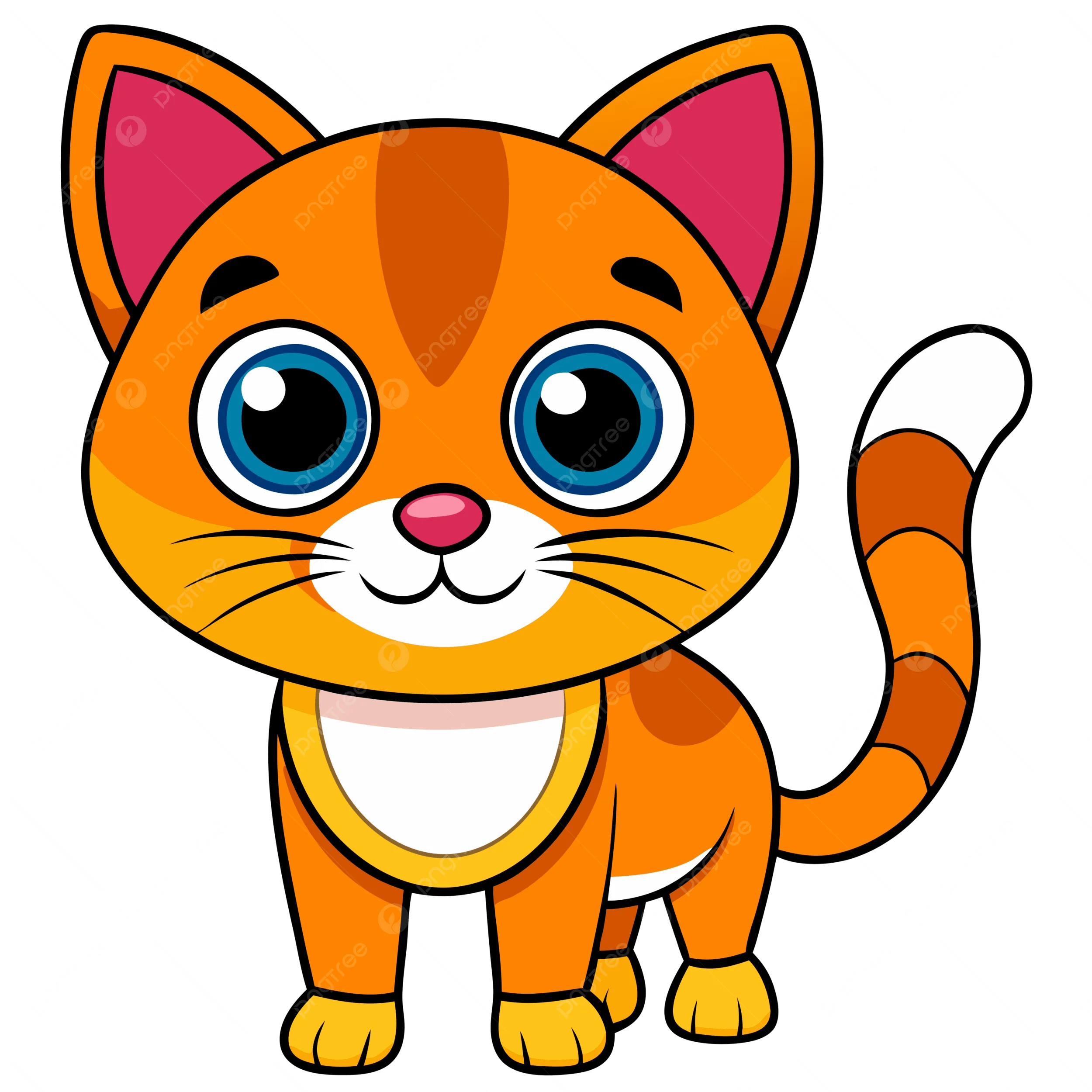 Hình ảnh hoạt hình con mèo màu cam đáng yêu, mắt xanh lớn, dáng vẻ dễ thương cho thiết kế đồ họa.
