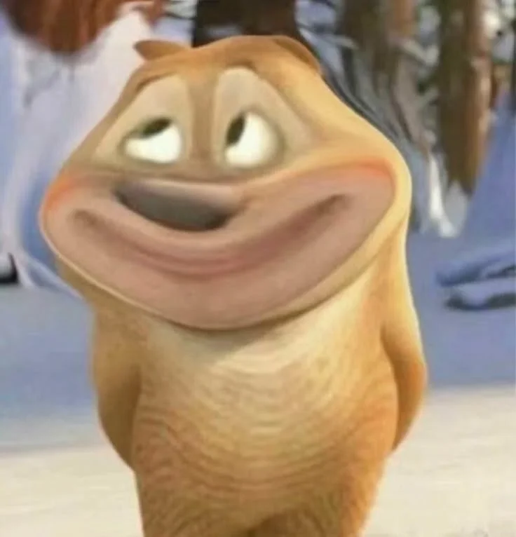 Nhân vật hoạt hình gấu có khuôn mặt méo hài hước, meme ảnh chế