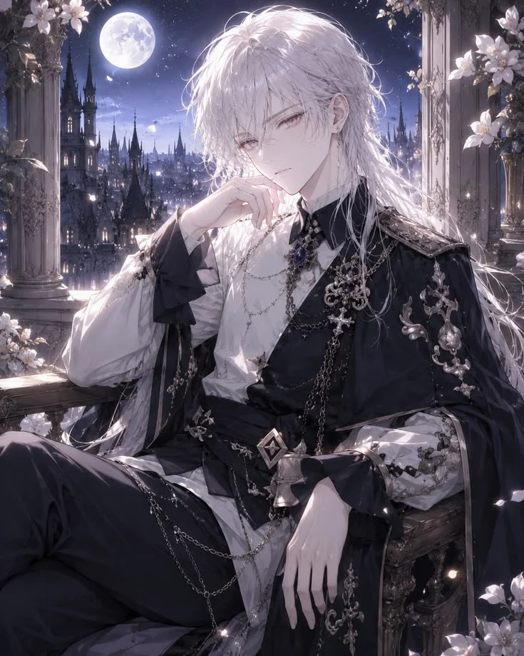 hình ảnh anime chàng trai tóc trắng phong cách quý tộc sang trọng