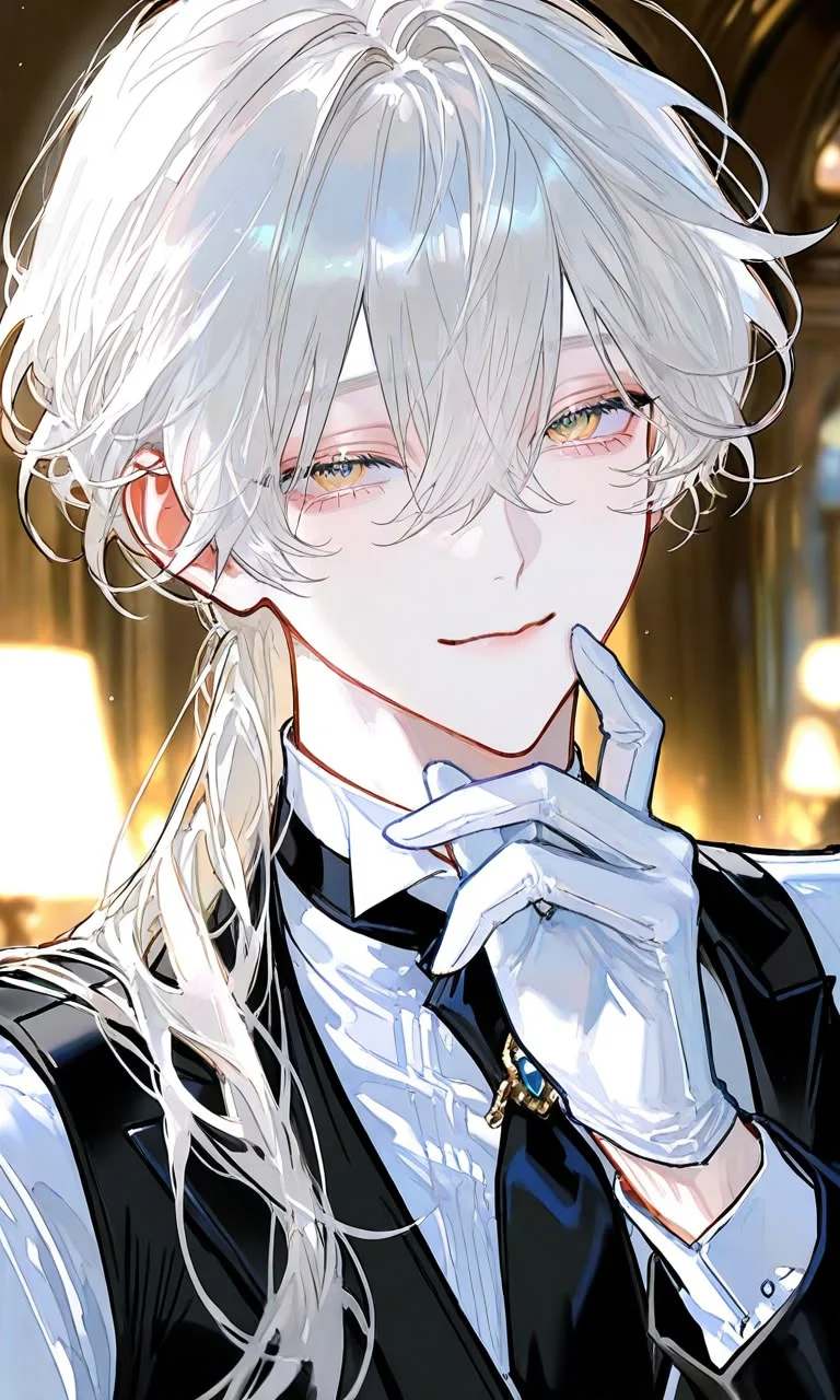 Chàng trai anime tóc trắng mặc vest sang trọng