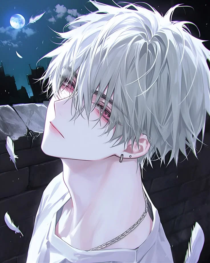Chàng trai anime tóc trắng dưới ánh trăng