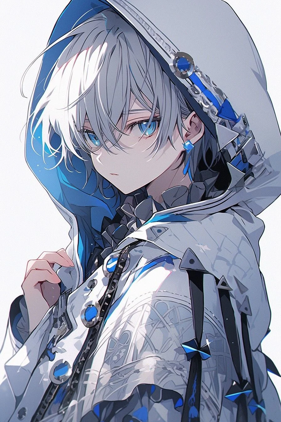 chàng trai anime tóc trắng với áo choàng