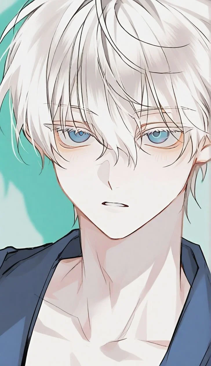 hình ảnh anime chàng trai tóc trắng với đôi mắt xanh sắc sảo