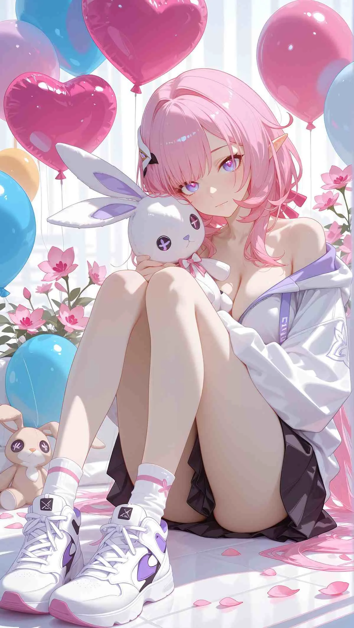 Ảnh dễ thương về cô gái anime tóc hồng ôm thỏ bông trong không gian trang trí lãng mạn