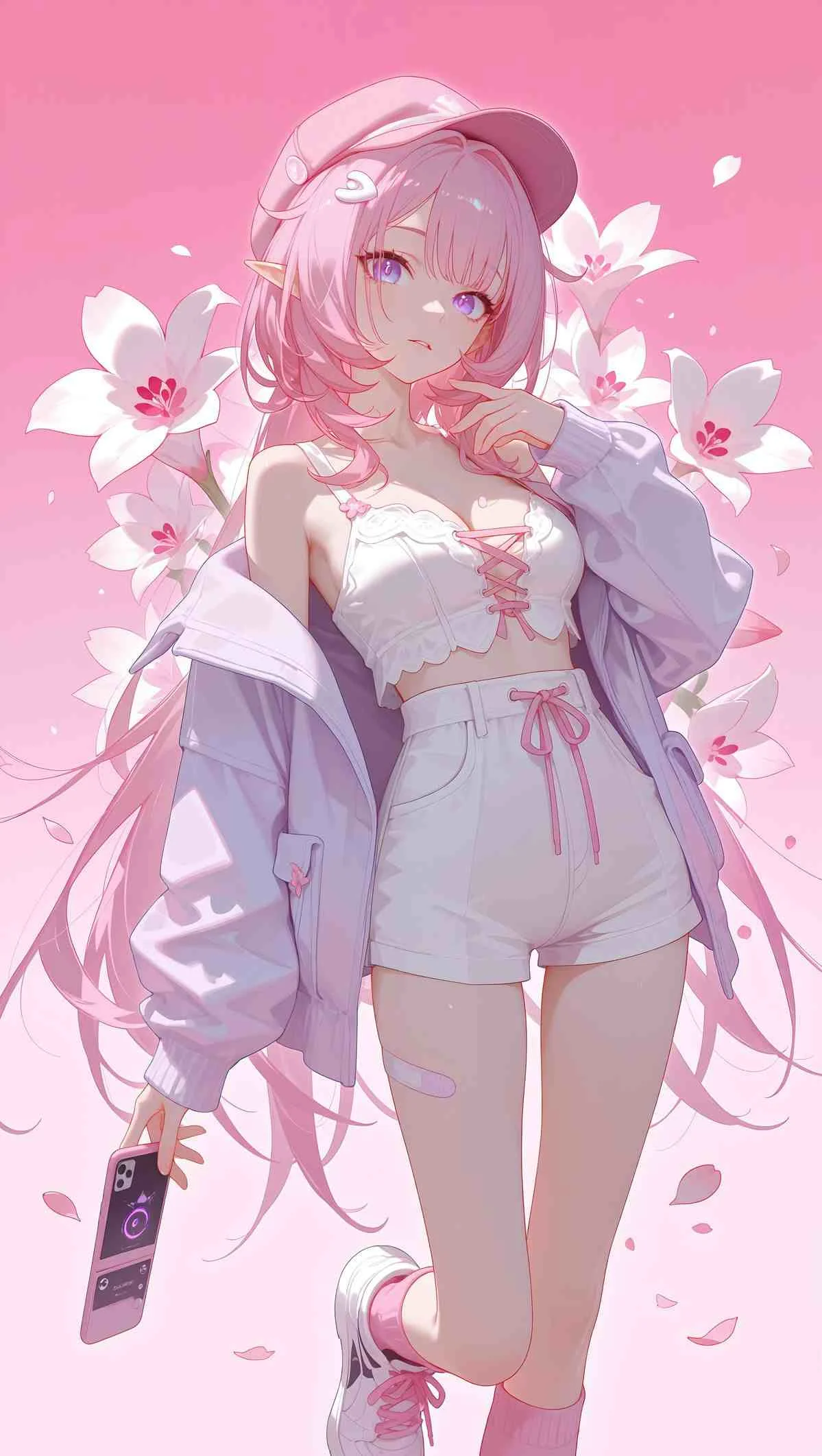 Ảnh dễ thương của cô gái anime tóc hồng giữa rừng hoa ly.