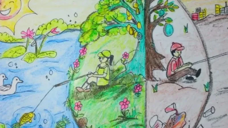 Tranh bảo vệ môi trường: 99+ Mẫu vẽ đẹp, ý nghĩa và độc đáo - cảnh quan sông suối êm đềm - hình 3