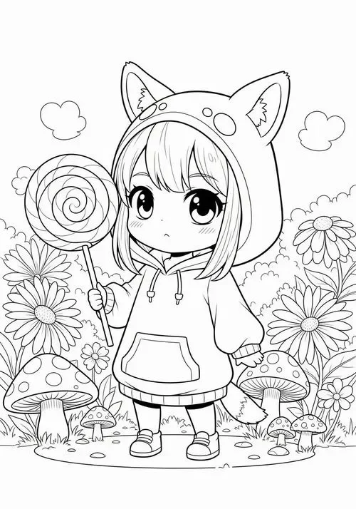 Tranh tô màu cute cô bé đội mũ mèo cầm kẹo