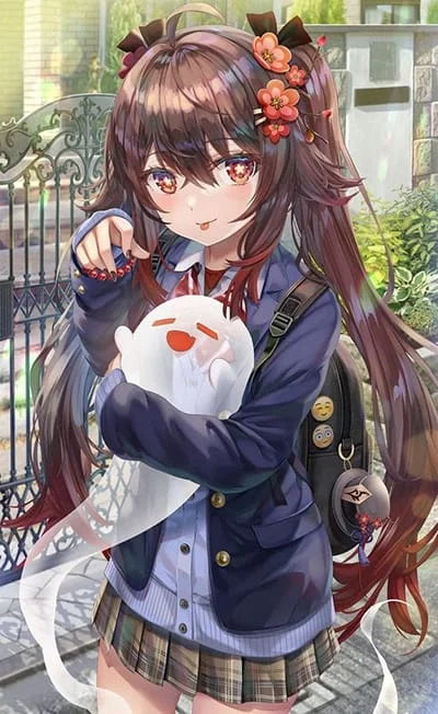 Hình nền anime nữ trong trang phục học sinh và những bông hoa đẹp cài trên mái tóc