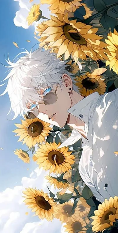 Hình ảnh anime nam đẹp trai tạo dáng với vườn hoa hướng dương