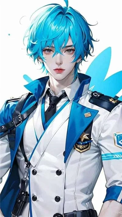Hình ảnh anime đẹp trai với mái tóc xanh và trang phục rất cuốn hút