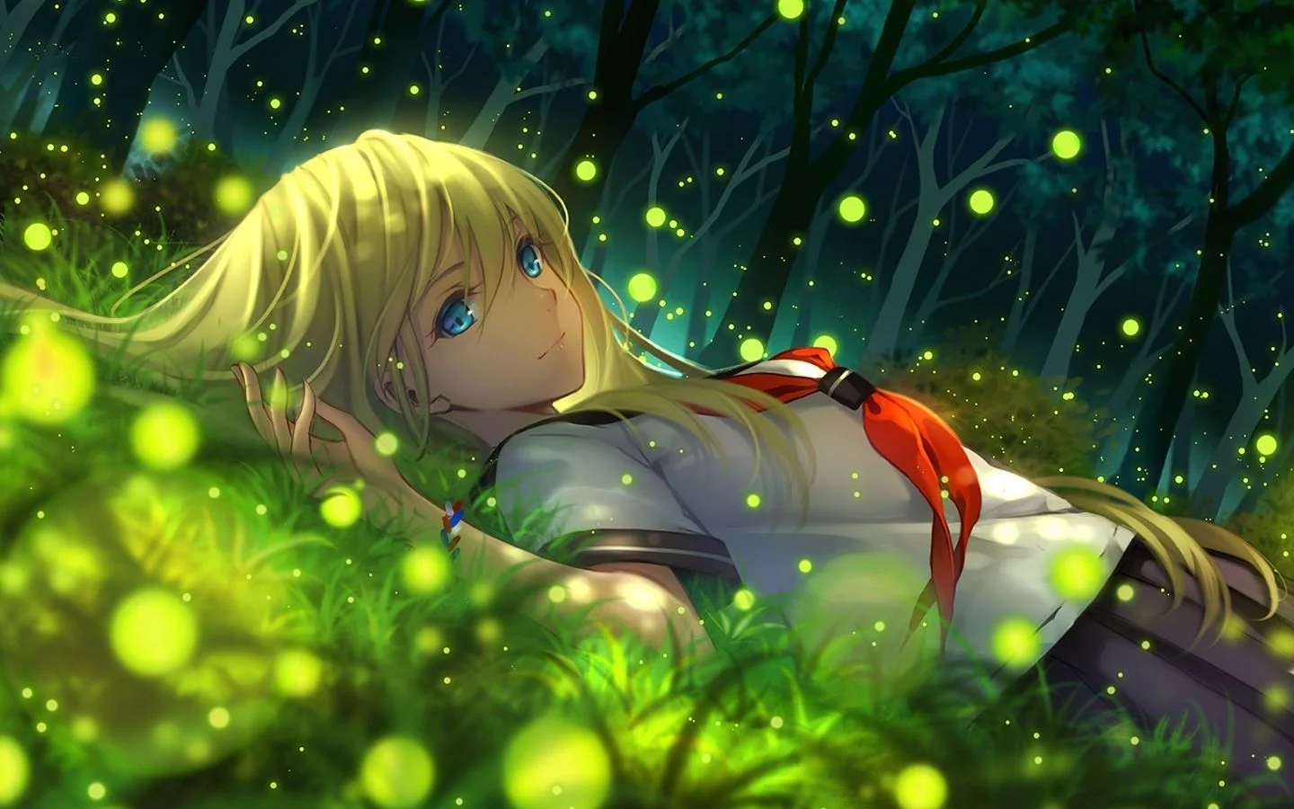 Hình nền anime nhân vật nữ đang chill trên cỏ xanh