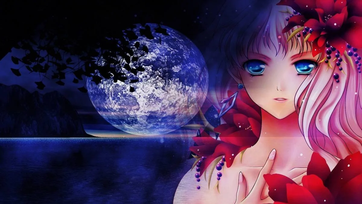 hình nền máy tính anime cô gái và mặt trăng huyền bí