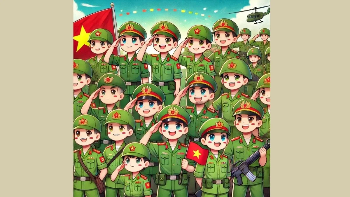 Tranh chibi bộ đội Việt Nam đang chào cờ