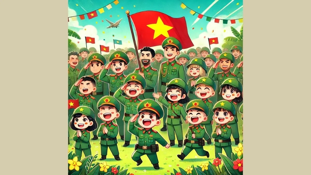 Tranh vẽ chibi bộ đội Việt Nam dưới ngọn cờ phất phới
