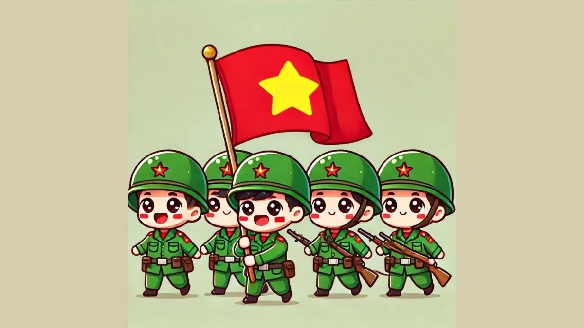 Tranh vẽ chibi bộ đội Việt Nam diễu quân anh dũng