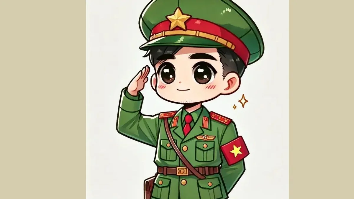 Hình chibi bộ đội Việt Nam đang chào cờ