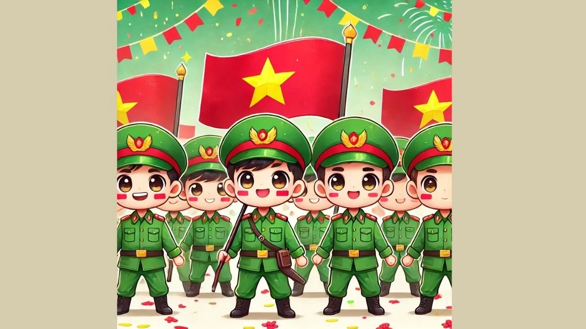 Hình ảnh chibi bộ đội Việt Nam tung bay lá cờ