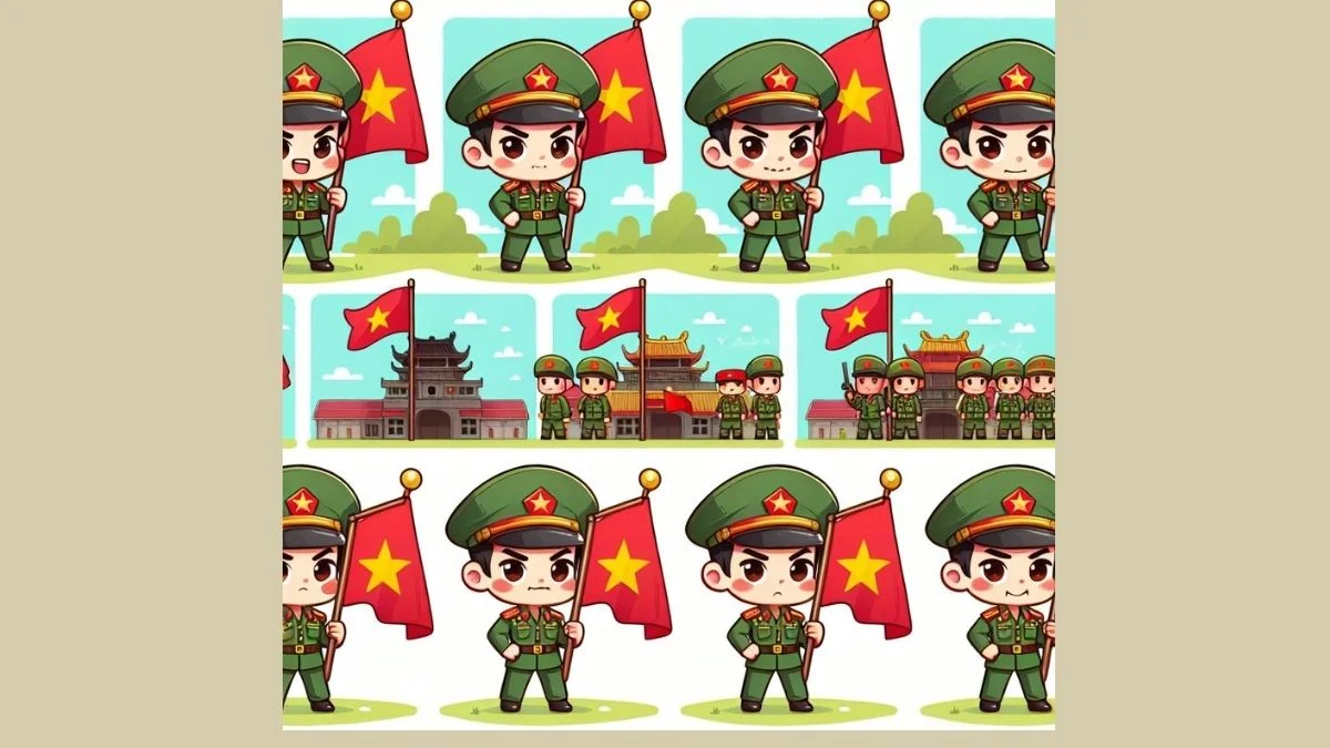 Hình vẽ chibi bộ đội Việt Nam với sắc cờ đỏ vàng