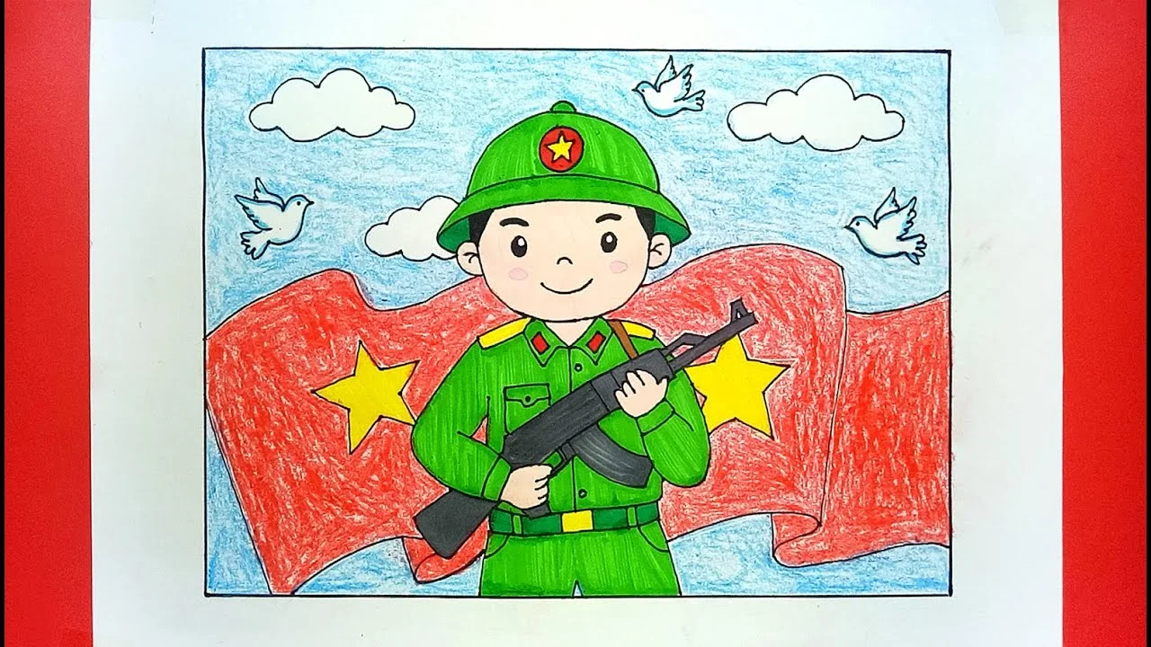 Hướng dẫn vẽ chú bộ đội đơn giản với cờ đỏ sao vàng và chim bồ câu